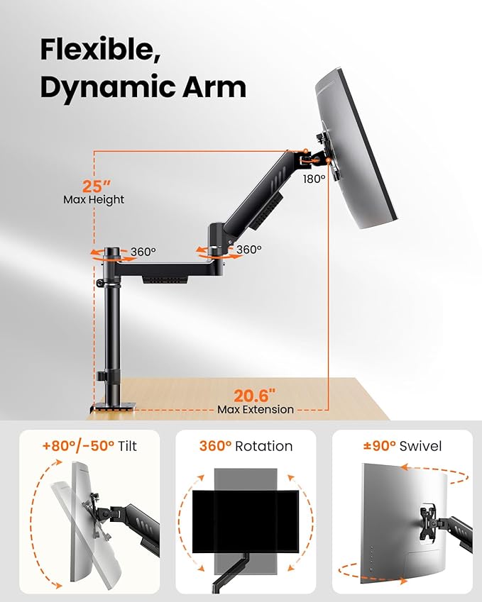 ErGear Vertical Dual Monitor Stand, Stacked Monitor Mount for 13-32″ Screens, Up to 19.8 lbs per Arm, Enhanced Stability with Integrated C-Clamp, Upgraded Cable Management, VESA 75x75/100x100mm, Black