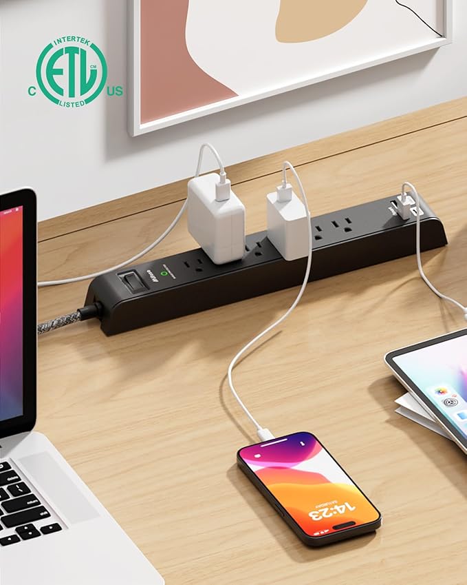 2 Pack Surge Protector Power Strip, Slim Flat Plug, Braided Extension Cord, 5-Foot, 900 Joules, 6 Outlets 4 USB Ports, Wall Mount for Home Office Dorm