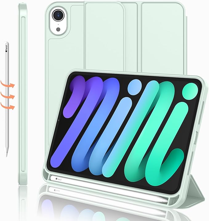 iMieet iPad mini 7 Case 2024 (A17 Pro), iPad mini 6 Case (8.3-Inch,2021 Model), iPad mini 7th/6th Generation Case with Pencil Holder, Trifold Stand Smart Case with Soft TPU Back,Pale Green