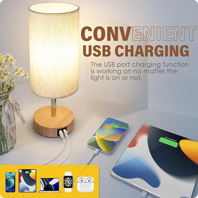 Yarra-Decor Bedside Table Lamp with USB Ports - Touch Control for Bedroom 3 Way Dimmable Nightstand Lamp with Round Fabric Shade for Living Room, Dorm, Home Office, Corded Electric, Without Battery