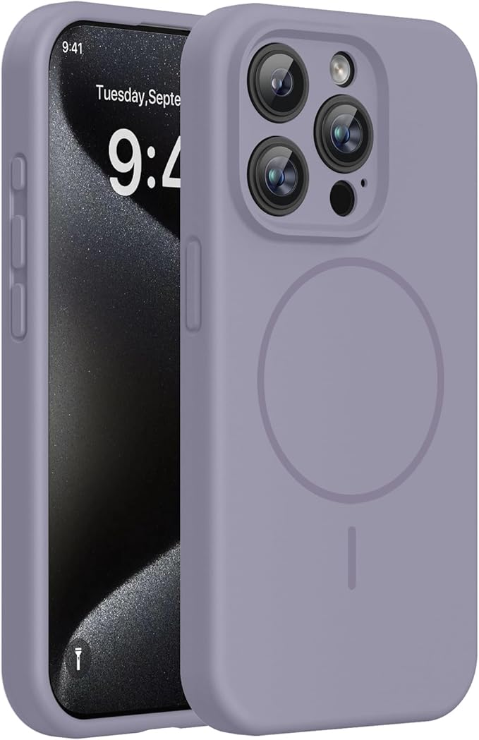 Miracase Magnetic for iPhone 15 Pro Case, [Soft Anti-Scratch Microfiber Lining], Compatible with MagSafe, Liquid Silicone Shockproof Drop Protection Phone Case for 15 Pro, Lavender Gray