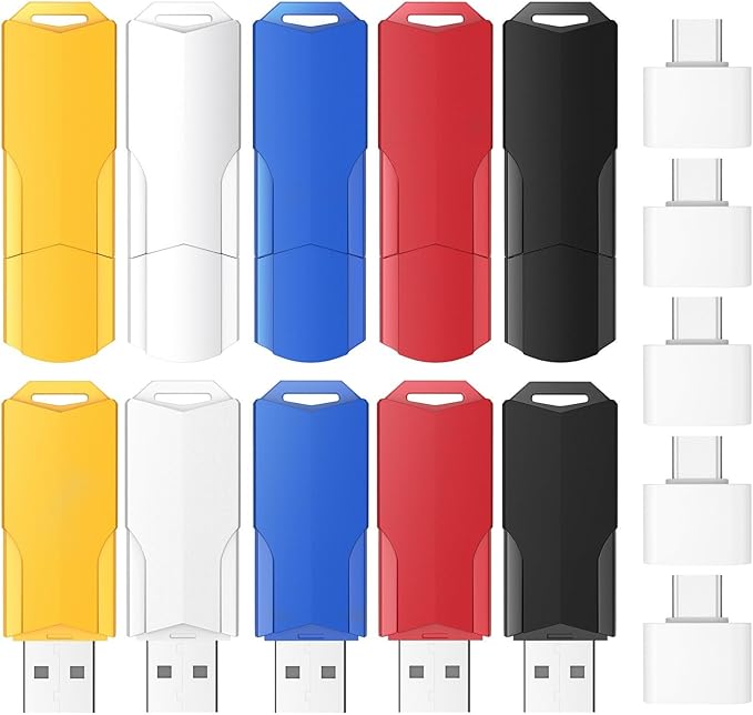 4GB Flash Drives 10 Pack Wooolken USB 2.0 Thumb Drives with 5Pack USB C Adapters and Lanyards,Memory Sticks for Data Storage