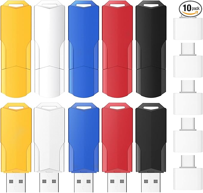 1GB Flash Drives 10 Pack Wooolken USB 2.0 Thumb Drives with 5 Pack USB C Adapters and Lanyards,Memory Sticks for Data Storage