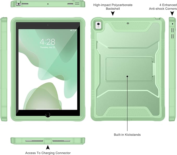 Soke Case for iPad 6th/5th Generation 9.7 Inch 2018/2017,with Built-in Screen Protector and Kickstand, Rugged Full-Body Heavy Duty Protective Cover for Apple iPad Air 2 /Pro 9.7 - Matcha Green