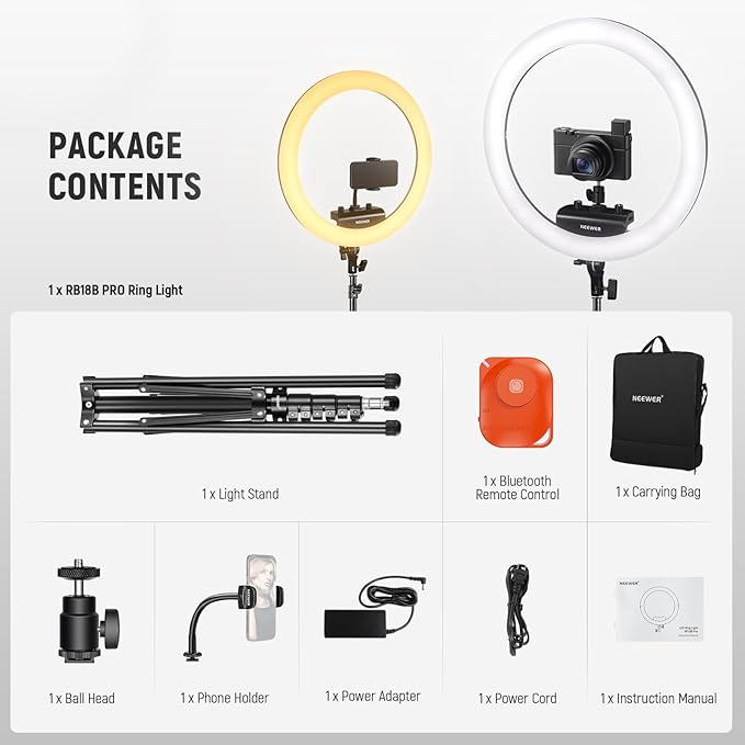 NEEWER Professional 18 Inch Ring Light with Tripod Stand Phone Holder Compatible with iPhone, 45W Remote Shutter App Control, Video Recording Makeup Selfie Studio Streaming Filming, RP18B Pro Black
