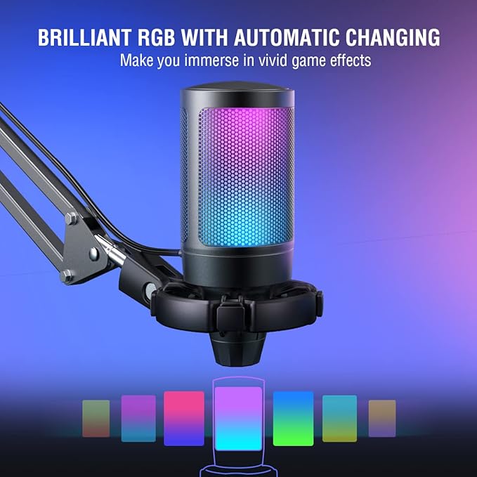 FIFINE Gaming Microphone and USB Streaming Headset Kit, PC Podcast Condenser Mic with Boom Arm, Pop Filter, Mute, Wired Headphones with 7.1 Surround Sound for Streaming, Twitch, Online Chat (A6T+H6)