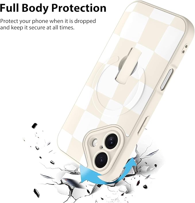 KANGHAR Compatible with iPhone 17 Case, Support for MagSafe, Silicone Checkered Cute Pattern, Wristband Kickstand Camera Protection Soft Slim Cover for Girls Women -White
