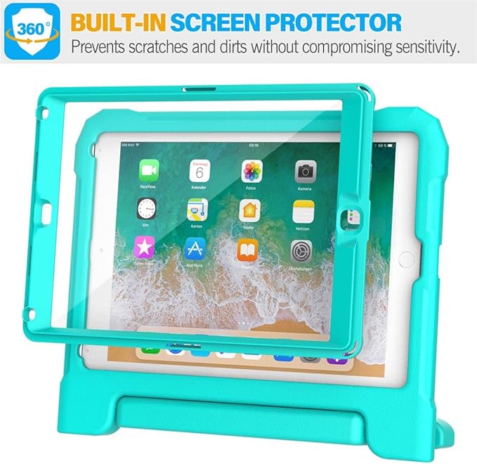 SUPLIK Kids Case for iPad 5th/6th Generation (9.7 inch, 2017/2018), iPad Air 1 & Air 2 & Pro 9.7 Case with Screen Protector, Durable Shockproof Protective Cover with Handle Stand, Cyan