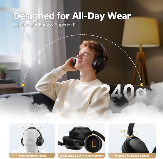 QCY H3S Wireless Over-Ear Headphones, Hybrid Active Noise Cancelling Headphones, Hi-Res Wireless, 102H Playtime, Fast Charging, Comfort Fit, Dual Connection, Bluetooth 6.0(Black)