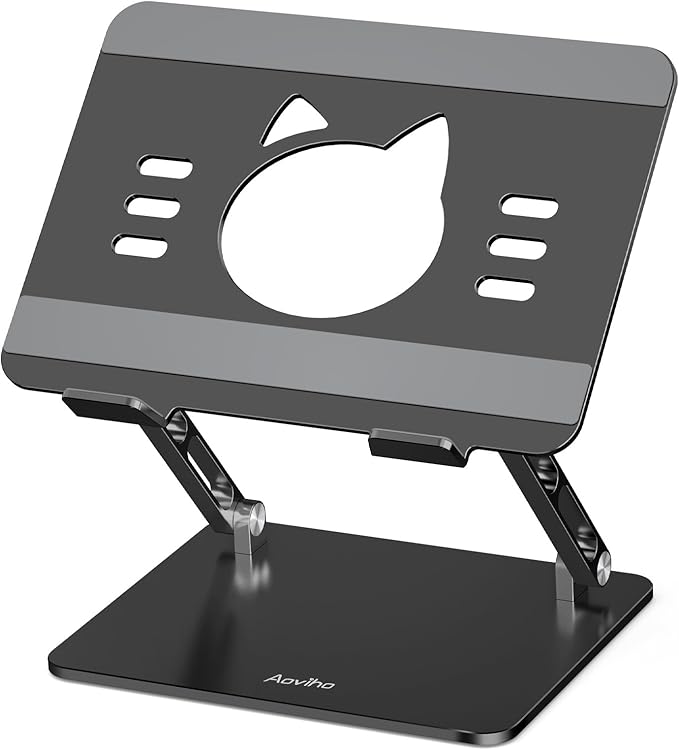 Aoviho Laptop Stand for Desk – Adjustable Aluminum Laptop Riser with Unique Cat-Shaped Cooling Vent, Portable Desk Gift & Decor, Compatible with MacBook Air Pro, Dell, HP, Lenovo (10"-17.3"), Black