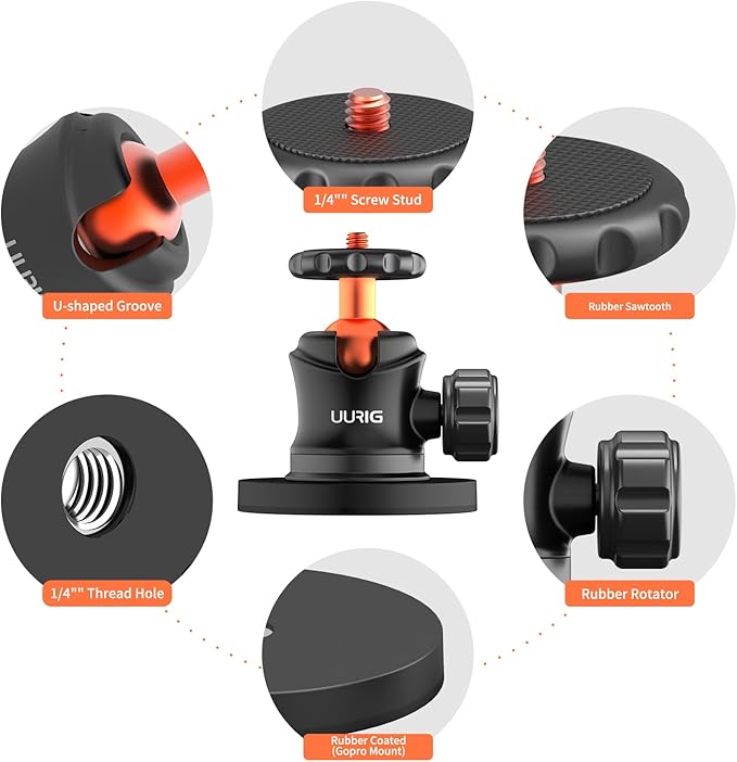 UURIG BH07 Magnetic Camera Mount with 360° Ball Head, Magnetic Mount Base Stand with 1/4"-20 Thread for GoPro,Pocket4/3,Insta360 X5/X4, Rubber Coated Magnet Base Deal for Action 5Pro/4/3 to Cars Body