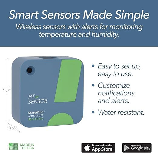 SensorPush HT.w Smart Temperature Sensor & Humidity Sensor - Thermometer & Hygrometer w/App Monitoring - Water Resistant Temperature and Humidity Monitor w/Heat Index for RV, Fridge & More