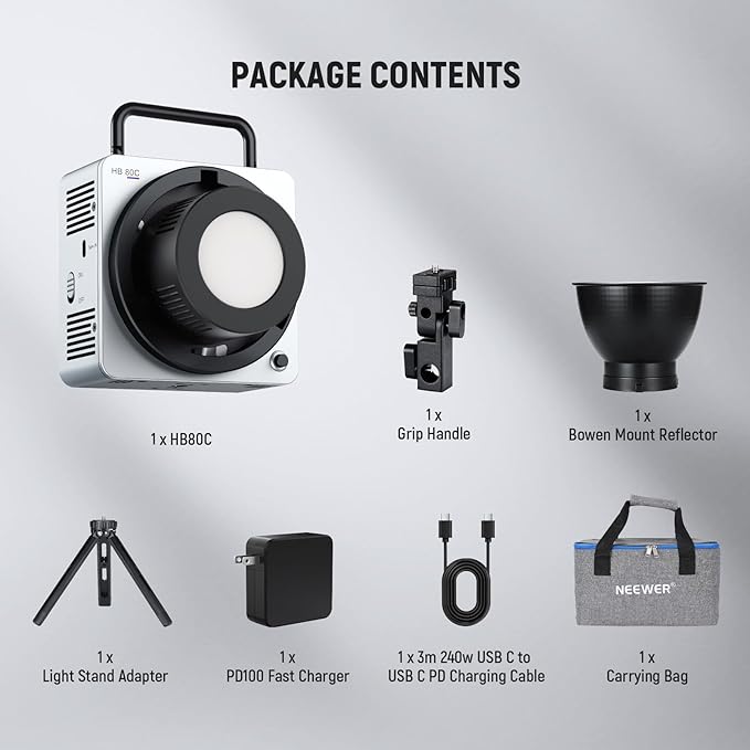 NEEWER 80W RGBWW LED Video Light with 72Wh Battery, 100W PD Fast Charger, APP/2.4G Control, 10400lux/m 2500K-7500K, Mini RGB Bowens Mount Studio Photography Recording Continuous Output Lighting, HB80C
