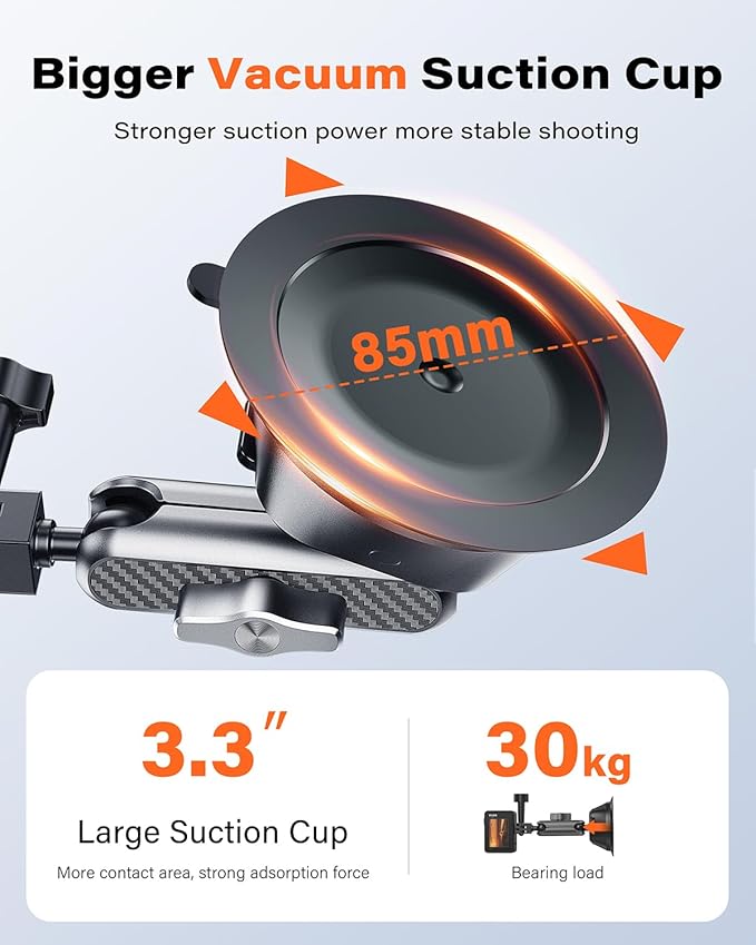 A2C Suction Cup Mount for Gopro iPhone, Anti-Shake Metal Arm Car Camera Mount with 1/4 Thread & Phone Holder, Car Boat Windshield Window VLOG/Video Holder for Gopro Hero Insta360 DJI Action Camera