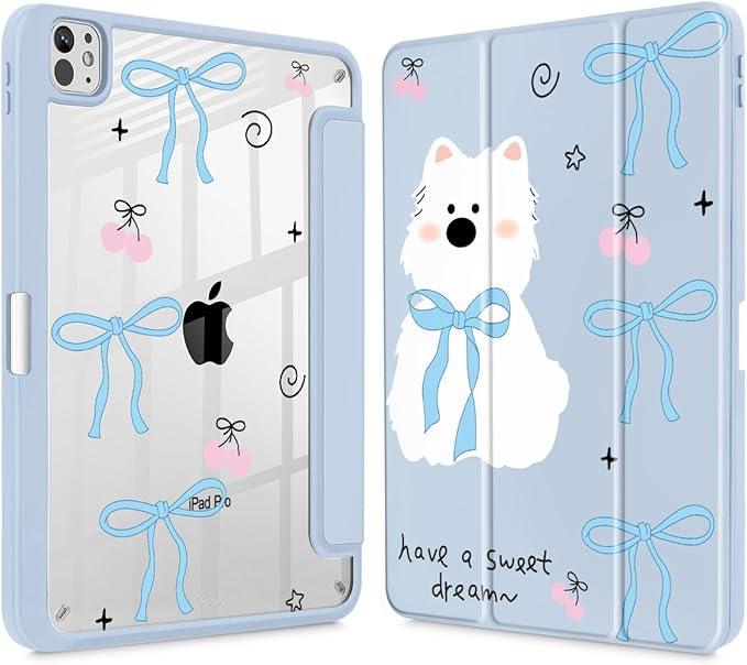 May Chen for iPad Pro 13 Inch Case M5 2025 / M4 2024, Built Pencil Holder & Clear Transparent Print Back Shell Slim Stand Shockproof Tablet Cover, Auto Wake/Sleep, Blue Bows Dog