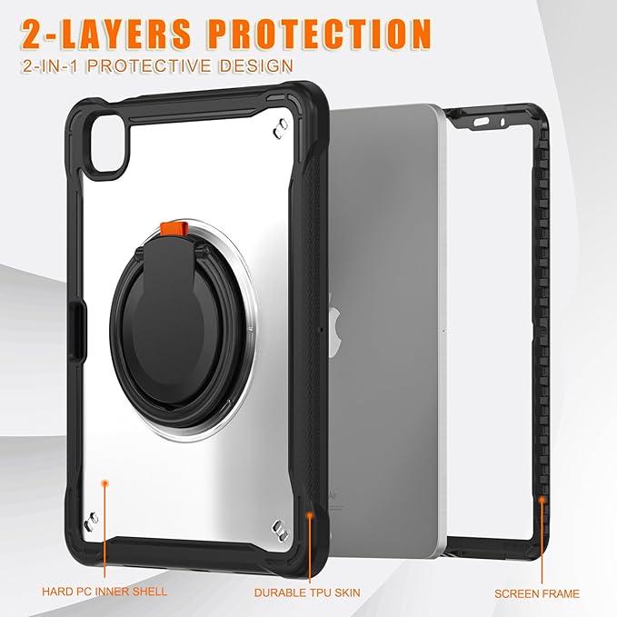Batianda for iPad Pro 11 inch Case 2025 M5 2024 M4 Chip Lightweight Dual-Layer Protective Tablet Cover, Durable Shock-Absorbing Corners with 360° Rotating Kickstand Ring Built-in Pen Slot, Black