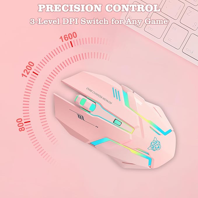 Wireless Gaming Mouse, Rechargeable Wireless Computer Mouse with Type-C Fast Charging, Ergonomic Mouse with 3 Adjustable DPI, 6 Silent Buttons, LED Light, Long Battery Life for Laptop, PC, Mac (Pink)