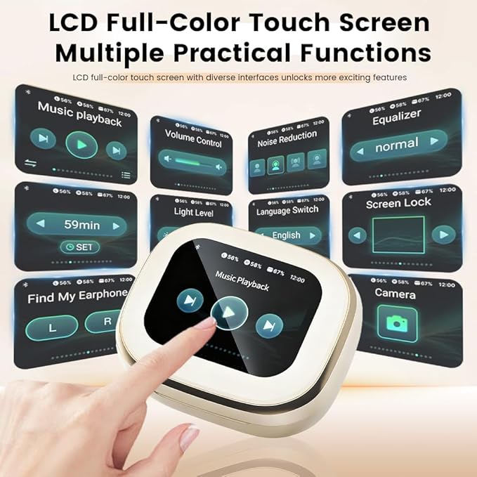 Wireless Earbuds, Bluetooth 5.4 Headphones in Ear with Smart Touchscreen Case, ANC Noise Cancelling Ear Buds, 60H Playtime for Sports & Working, Bass Stereo Sound for iPhone/Android (Beige)