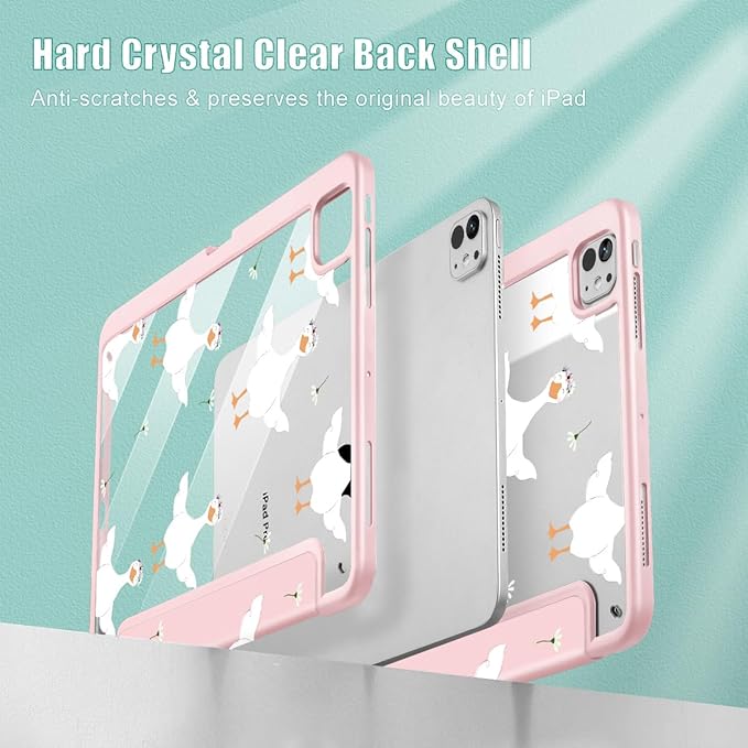 May Chen for iPad Pro 13 Inch Case M5 2025 / M4 2024, Built Pencil Holder & Clear Transparent Print Back Shell Slim Stand Shockproof Tablet Cover, Auto Wake/Sleep, Goose Flower