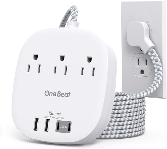 22.5W/4.5A Travel Power Strip with Surge Protector, 3 Outlets with 4 USB Ports (2 USB C), Flat Plug Extension Cord 6 Feet, Desktop USB Charging Station for Home, Office, College Dorm Essentials