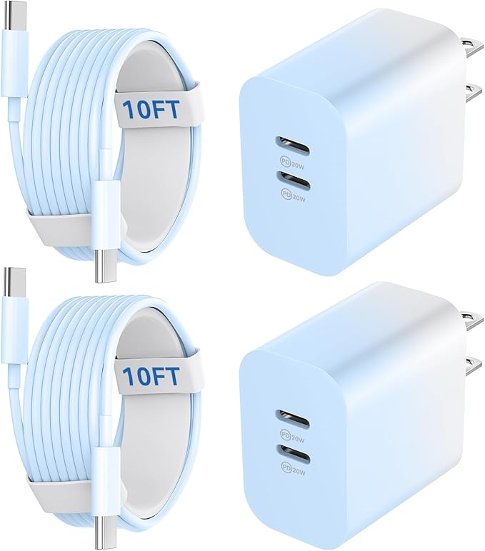 20W Dual Port USB C Charger Block,Phone 17/16/15 Pro Max Charger Fast Charging with 10FT Long USB C to C Charging Cable Cord for 17 16 Pro Max/17 16 15Pro/15/15Plus,Android Phone-Gradient Blue