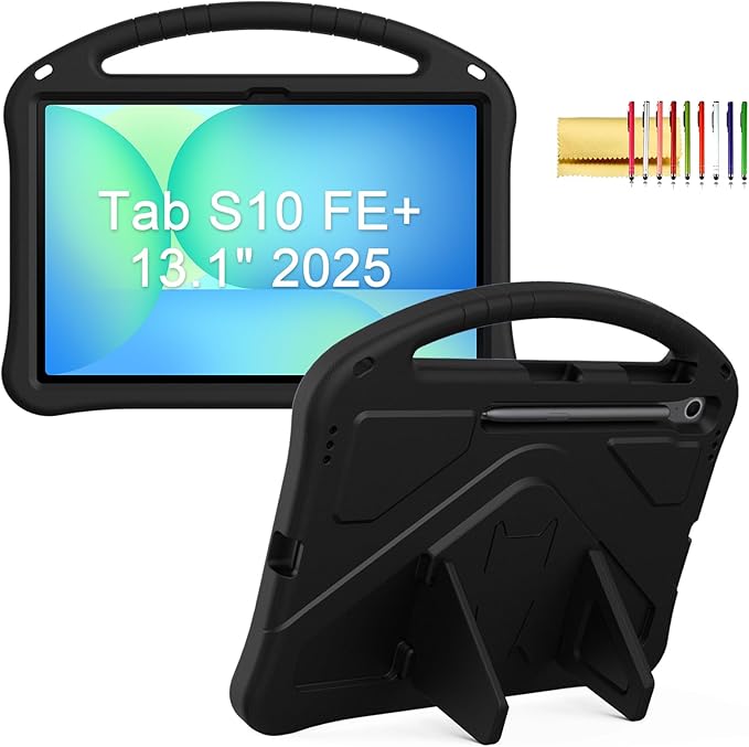 Kids Case for Samsung Galaxy Tab S10 FE+ (Plus) 13.1" 2025, Techcircle Light Weight Shock Proof EVA Foam Handle Rugged Stand Protective Cover, Black