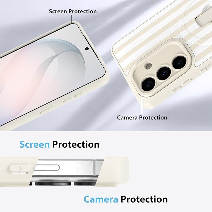 KANGHAR Compatible with Samsung Galaxy S26 Case, Support for MagSafe, Silicone Stripes Cute Pattern, Wristband Kickstand Camera Protection Soft Slim Cover for Girls Women -White