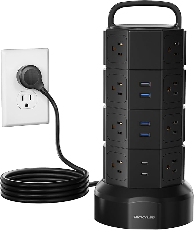 Power Strip Tower Surge Protector, JACKYLED 16 Outlets 6 USB (2 USB C) Charging Station, Extension Cord with Multiple Outlets, 1050J 1625W/13A Outlet Extender 6.5ft Extension Cord for Home Office
