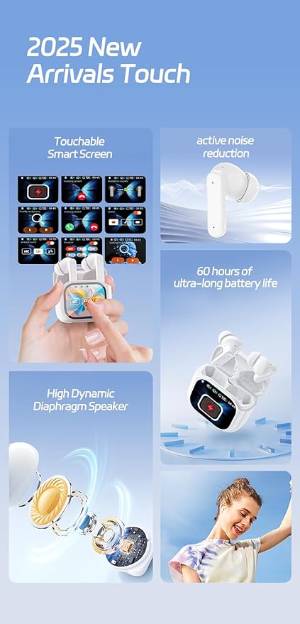 AI Translation Earbuds Real Time Bluetooth 5.4 Wireless Earbuds with LCD Full-Color Touch Screen ANC+ENC Noise Canceling Mic Stereo Bass Earphones for Meeting/Music/Sports/Running
