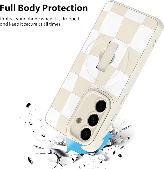 KANGHAR Compatible with Samsung Galaxy S26 Case, Support for MagSafe, Silicone Checkered Cute Pattern, Wristband Kickstand Camera Protection Soft Slim Cover for Girls Women -White