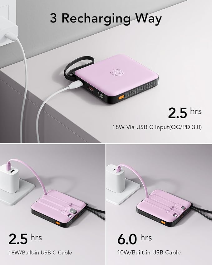 VRURC Portable Charger with Built-in Cable, 10000mAh 22.5W Fast Charging USB C Battery Pack, Cell Phone Power Bank for iPhone 17 16 15 Series Android Tablet (Purple)