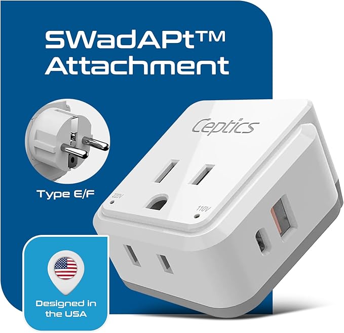 Ceptics Germany, Korea Travel Plug Adapter Set, 20W PD & QC, Safe Dual USB & USB-C - 2 USA Socket - Use in Schuko, France, Russia, Netherlands - Includes Type E/F SWadAPt Attachments