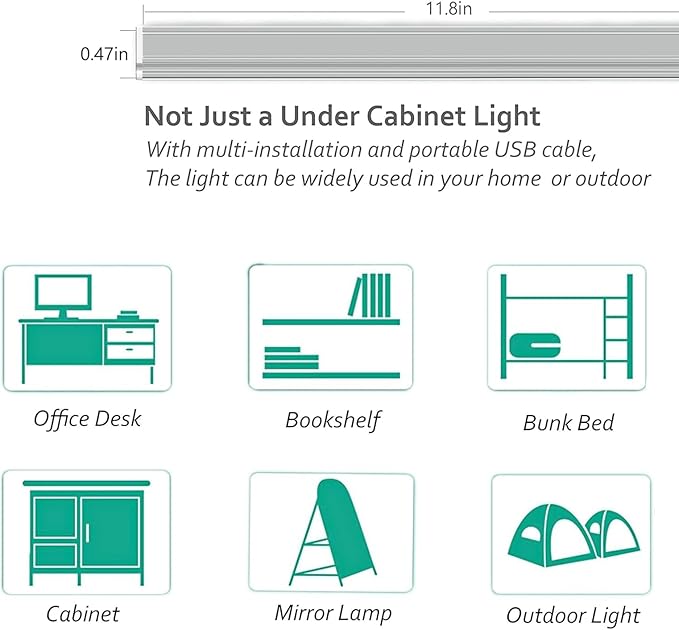 ASOKO Under Cabinet Led Lighting, 12 Inch Light Strip Bar, Cool White 6000K Dimmable Plug in USB Light, Small Thin Led Under Counter Lighting for Kitchen/Room/Shelf/Desk/Display Case