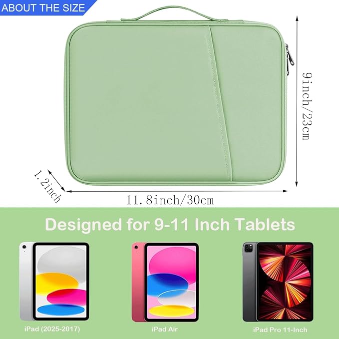 CAAORDKSO 9-11 Inch Tablet Sleeve Bag Carrying Case for 11 inch iPad A16, 10.5" 11 inch iPad Air/Pro, 9.7" 10.2" 10.9" iPad, Amazon Fire HD 10 Tablet, Samsung Galaxy Tab A9+/S9/S8/S7 11", Mint Green