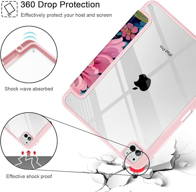 May Chen for iPad Pro 13 Inch Case M5 2025 / M4 2024, Built Pencil Holder & Clear Transparent Print Back Shell Slim Stand Shockproof Tablet Cover, Auto Wake/Sleep, Flowers Painting