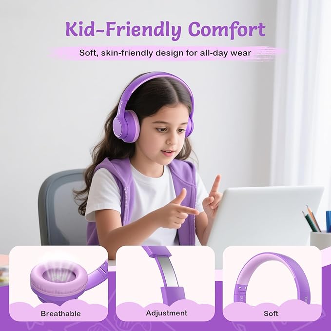 TONOSHARK Kids Bluetooth Headphones with Active Noise Cancelling, Wireless Over-Ear Headphones for Boys Girls, Foldable, Adjustable, 40H Playtime, Mic for School Travel(Purple)