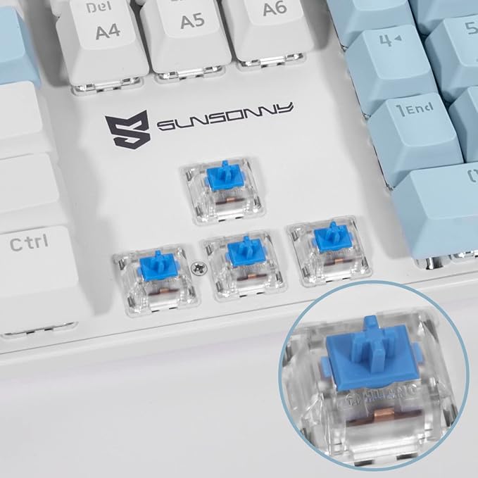 Merdia Full Size Wired Mechanical Gaming Keyboard | Blue Switch Led Backlit 104 Keys US Layout Mechanical Computer Keyboards | Hot Swappable Blue & White Keycaps Light Up PC Gaming Keyboard