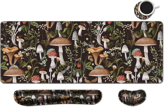 MIBITRI Keyboard Mouse Pad Set, Extended Gaming Mouse Pad+Ergonomics Keyboard Wrist Rest Support, Memory Foam, Easy Typing Pain Relief, 3Pcs XXL Ultra Thick Desk Mat, Cute Mushroom