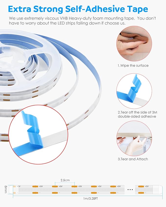 Aclorol COB LED Strip Light 1M 5V Flexible Blue LED Strip Lights for Bedroom with 1M USB Powered Cable Not Dimmable for Kitchen Cabinet Gaming Room Indoor DIY Decoration 320LEDs/M CRI85+
