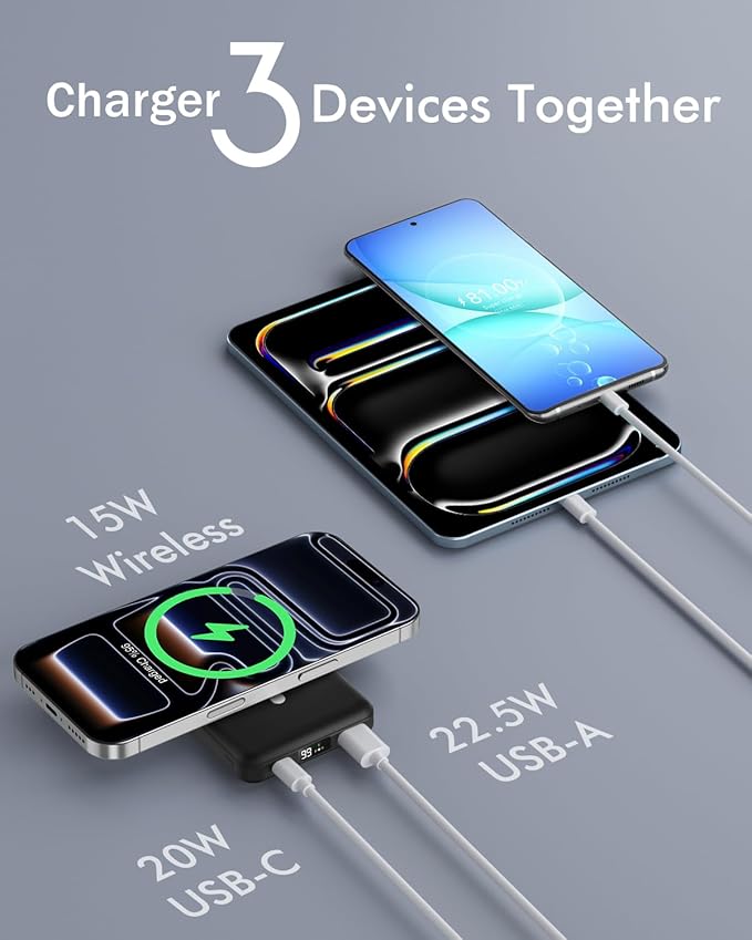 podoru for Magsafe Battery Pack, Foldable 10000mAh Magnetic Power Bank with USB-C Cable LED Display 22.5W PD Fast Charging Wireless Portable Charger for iPhone 17/16/15/14/13/12 Series-Black