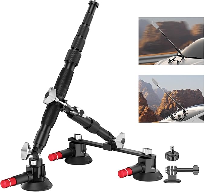 EMART Car Mount with Triple Suction Cup, Camera Mount Kit with Telescopic Extension Pole/Action Camera Adapter Compatible with Gopro/Instal 360/DJI OSMO/AKASO