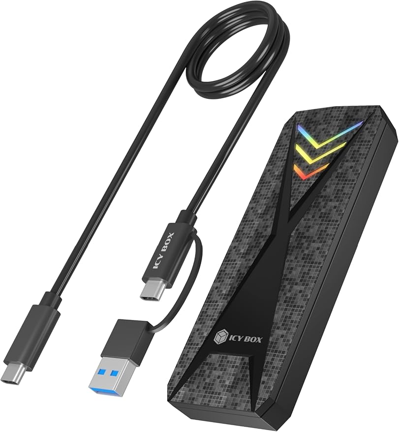 NVMe & SATA M.2 SSD Enclosure, ICY BOX RGB USB 3.2 Gen 2 (10 Gbps) Enclosure, Trim, UASP, RGB LED, Compatible with 2230/2242/2260/2280 NVMe SSDss – Aluminum, Plug & Play