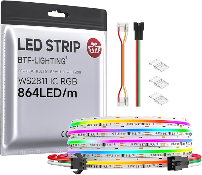 BTF-LIGHTING FCOB WS2811 IC RGB COB LED Strip 864LED/m Flexible High Density Color Chasing Uniform Light DC12V 9.8FT 24IC/m 12mm Width for DIY Lighting Project(No Adapter or Controller)