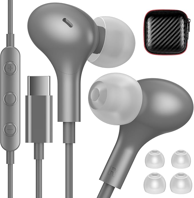 iMangoo for Apple USB C Wired Headphones, Hi-Fi Sound Corded Earbuds, Ergonomic Small in Ear Buds for iPhone 17 Pro Max/17e/16 Plus/16e/15, for Samsung S26/S25 Ultra/for Pixel Type C Earphones Grey