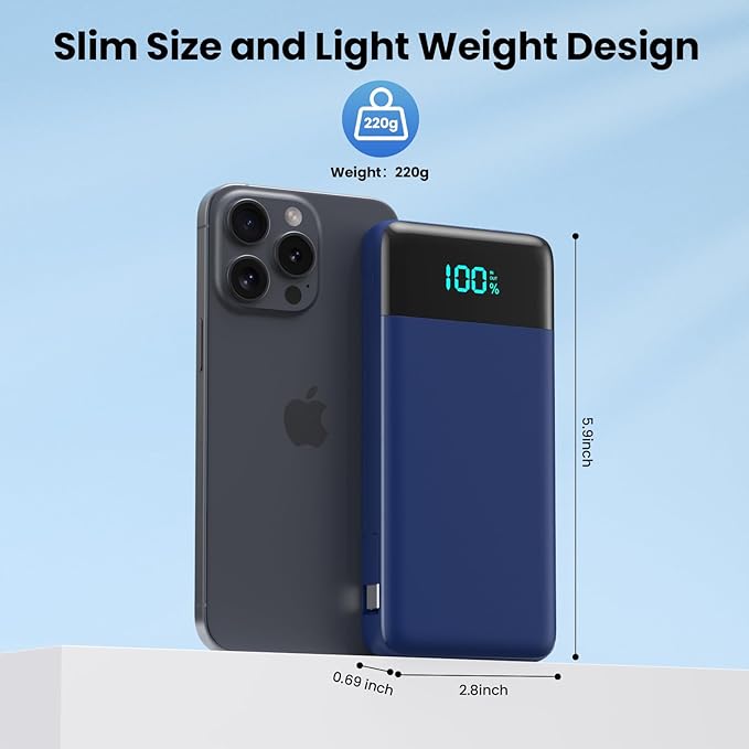 Portable Charger for iPhone,13800mAh Slim Power Bank with Built-in Cables & AC Wall Plug,All in One 4 Outputs USB C Fast Charging Battery Pack Travel Essential for iPhone 17/16/15/14,Android (Blue)