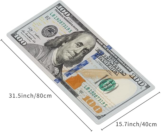 Funny US Dollar Currency Money Gaming Mouse Pad Hundreds of 100 Dollar Bills Non-Slip Rubber Mouse Pad for Computers, Laptop,Office, Home Rectangle Personalized Mousepad 31.5" x15.7"