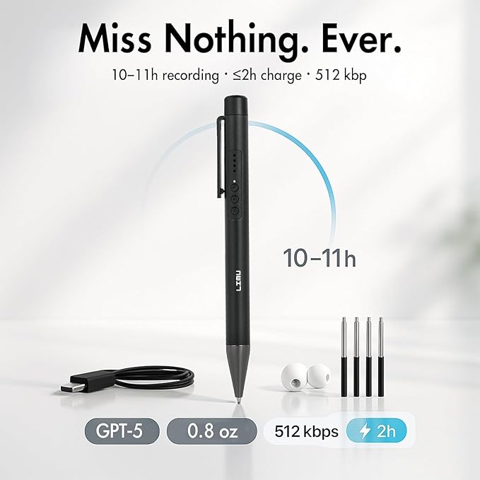 LIMU AI Voice Recorder Pen with App Control - 64GB AI Note Taking Device - ChatGPT 5 Translation, Summaries & Mind Maps (125 Languages), 400 Min/Month, 13h Recording Audio Recorder with Transcription