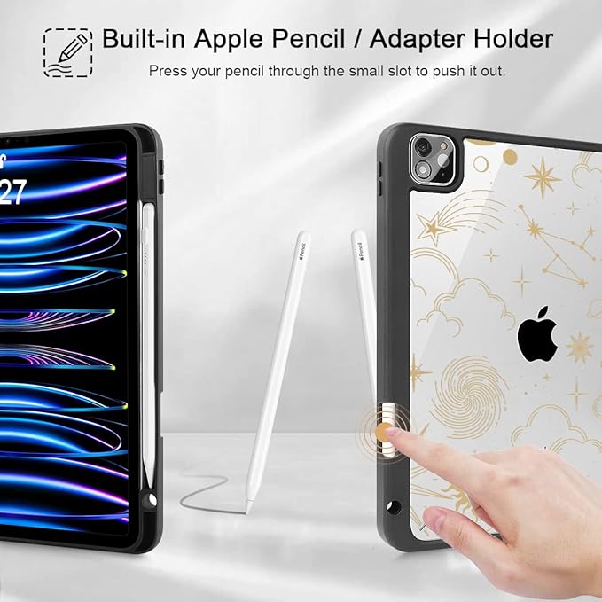Tuiklol for iPad Pro 12.9 Inch 6th/5th/4th/3rd Generation 2022 2021 2020 2018 Case,Built-in Pencil Holder Clear Transparent Protective Back Shell Cover with Auto Sleep/Wake, Moon and Star