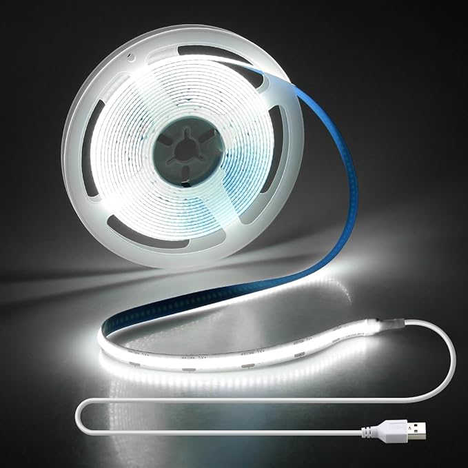 Aclorol COB LED Strip Light 5V USB White 6000K 13.12FT/4M 1280LEDs CRI85+ LED Light Strip for Bedroom Super Bright Tape Lights with 1M Cable for Under Cabinet Desks 3D Printer DIY Lighting Decor
