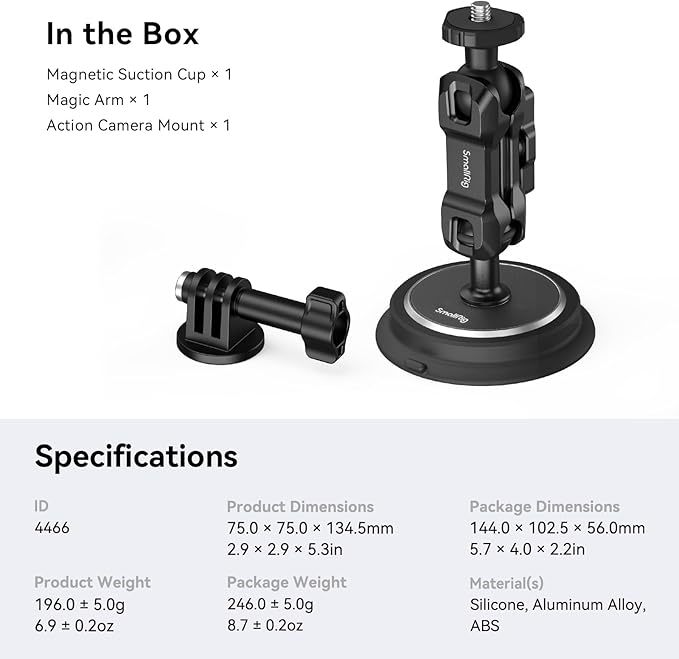 SMALLRIG Magnetic Mount for GoPro Hero 13/12/11, Powerful Camera Car Mount Outside with 360° Rotation Ball Head Magic Arm, for DJI OSMO 360/Nano/Action 6/5 Pro/4, for Insta360 X5/X4/X3/Ace Pro 2